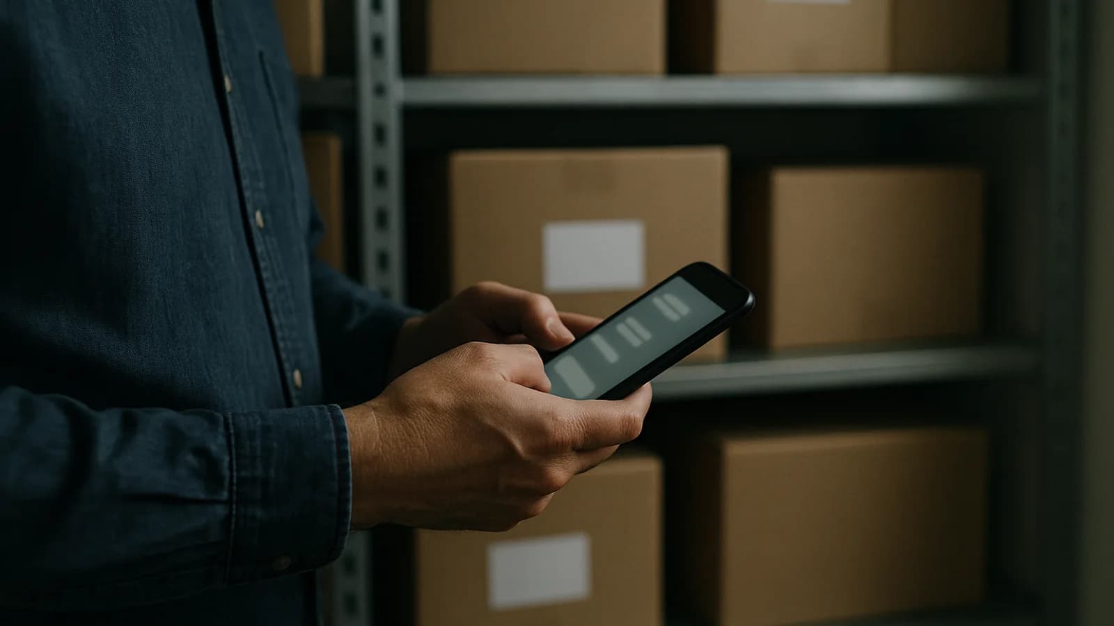 A shop owner's hand holding a phone with a chat on screen, standing in a stockroom with shelves of boxes behind.