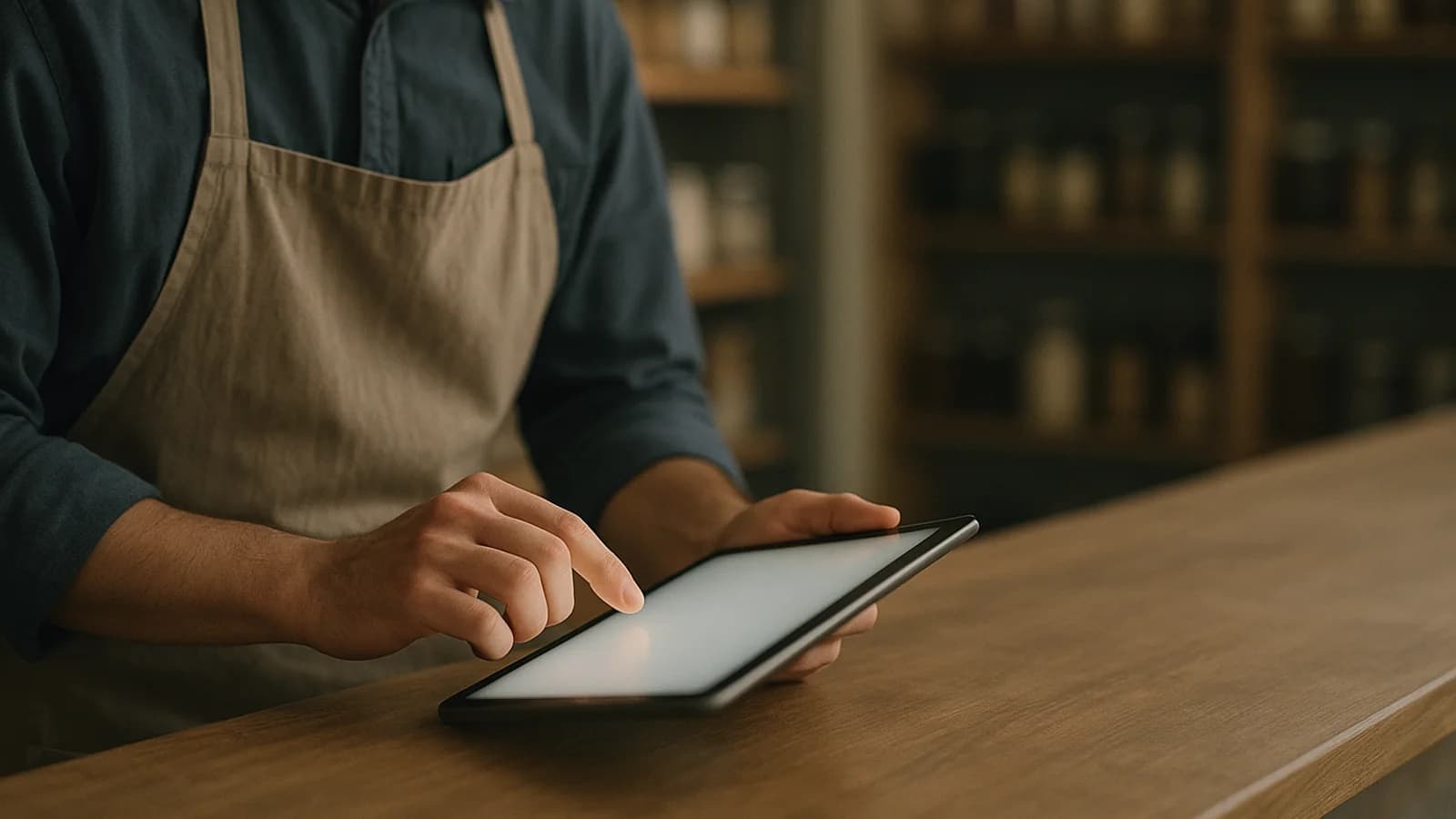 A shop owner's hands holding a tablet beside a stockroom shelf, with a printed sales report and a pen on the counter.