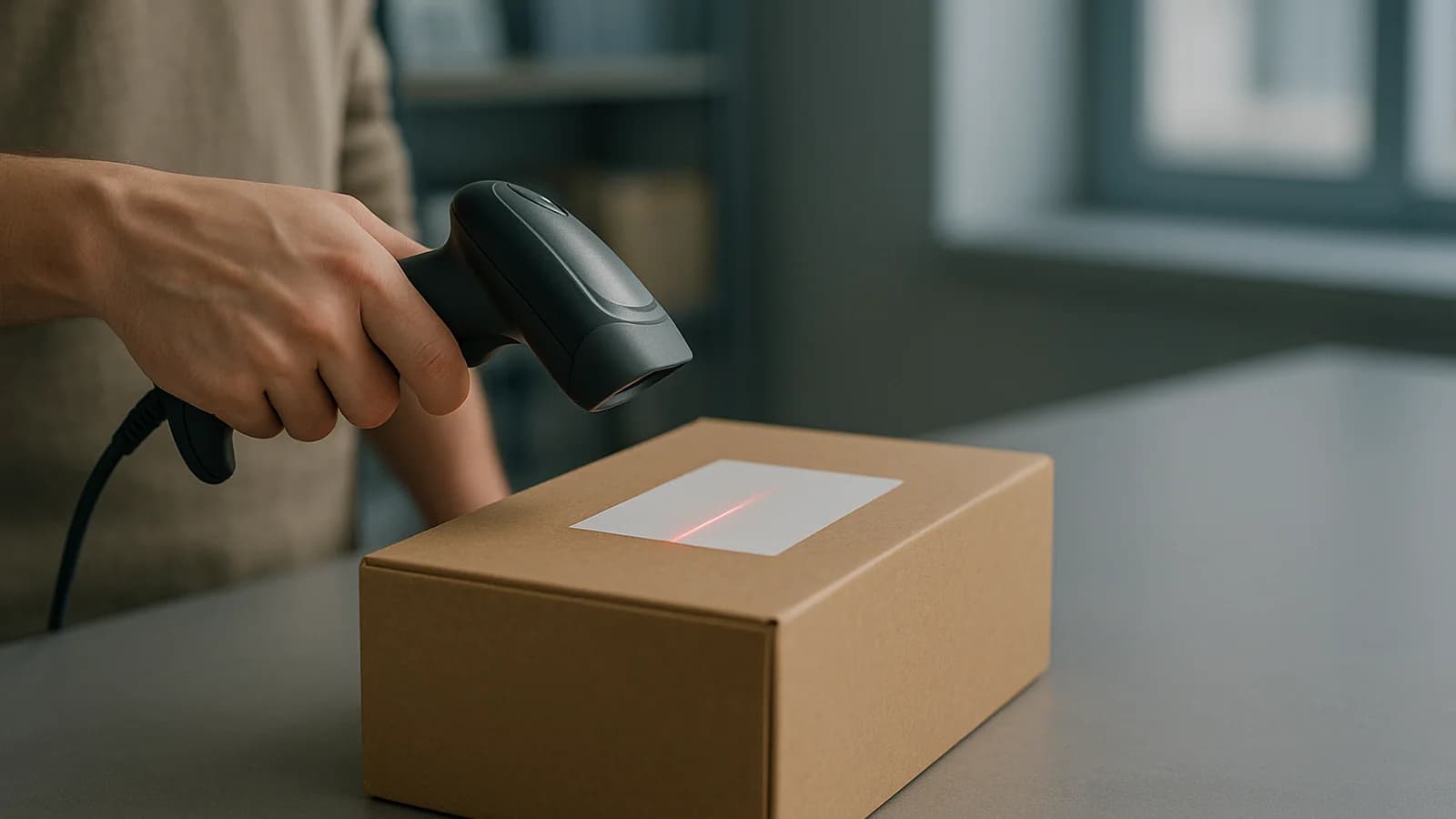 A hand holding a handheld barcode scanner over a small cardboard box on a shop counter, the red scan line falling across a plain label with no readable text.