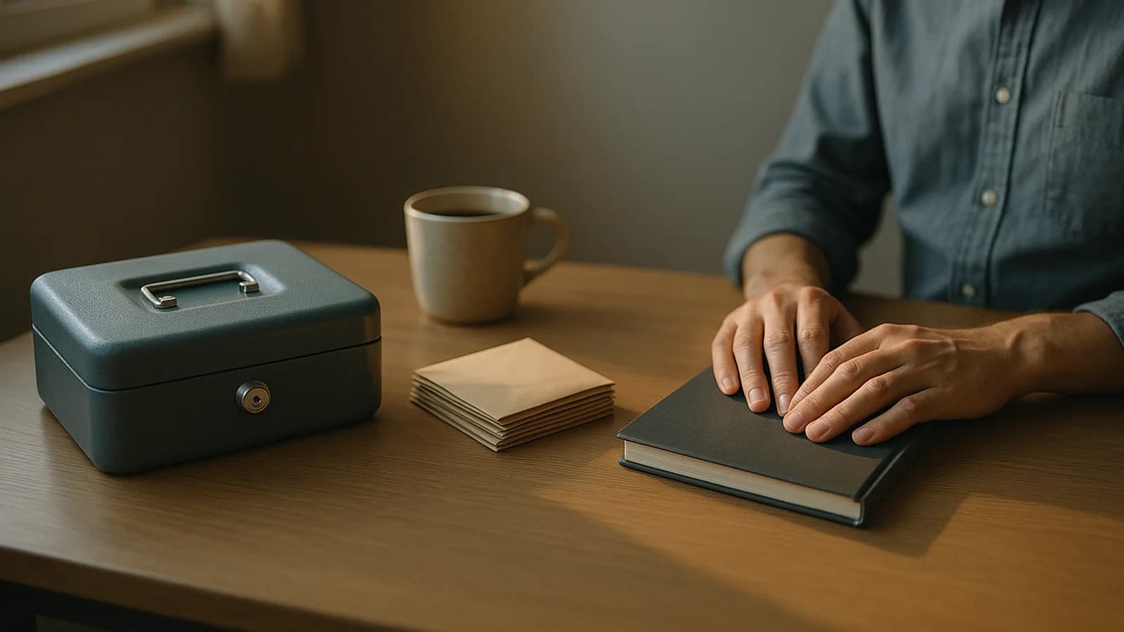 A ledger book open on a desk beside a small stack of receipts and a cup of tea, lit by a window.