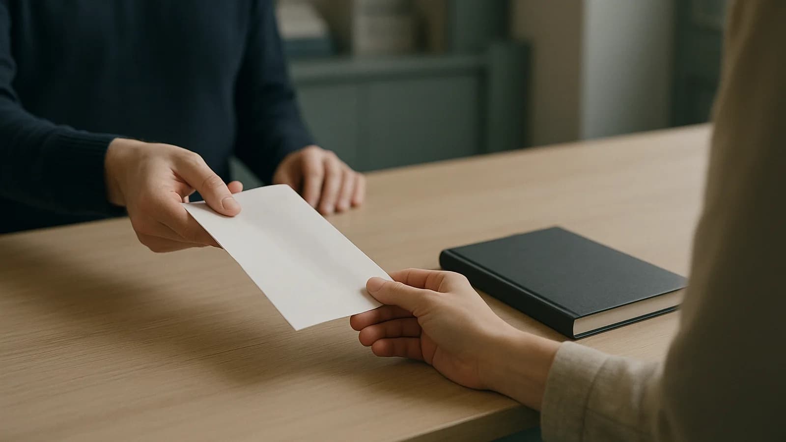 A hand holding a pen over a printed customer statement on a warehouse office desk beside a calculator and a stack of delivery notes.