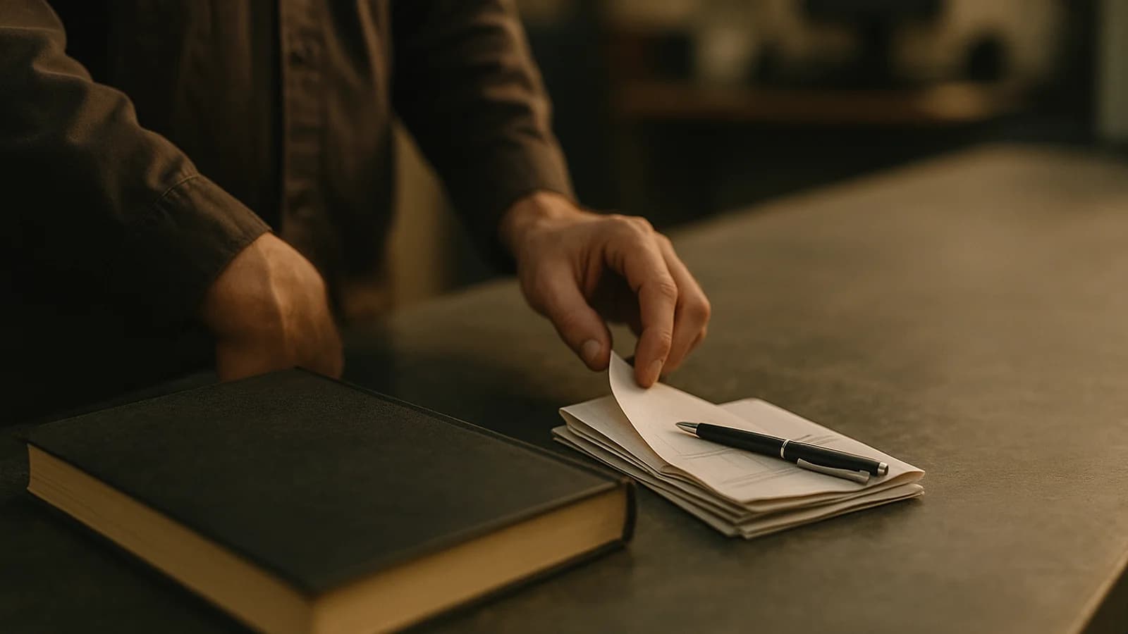 An open ledger beside a phone showing a list of names and amounts on a shop counter, with a pen resting across the page.