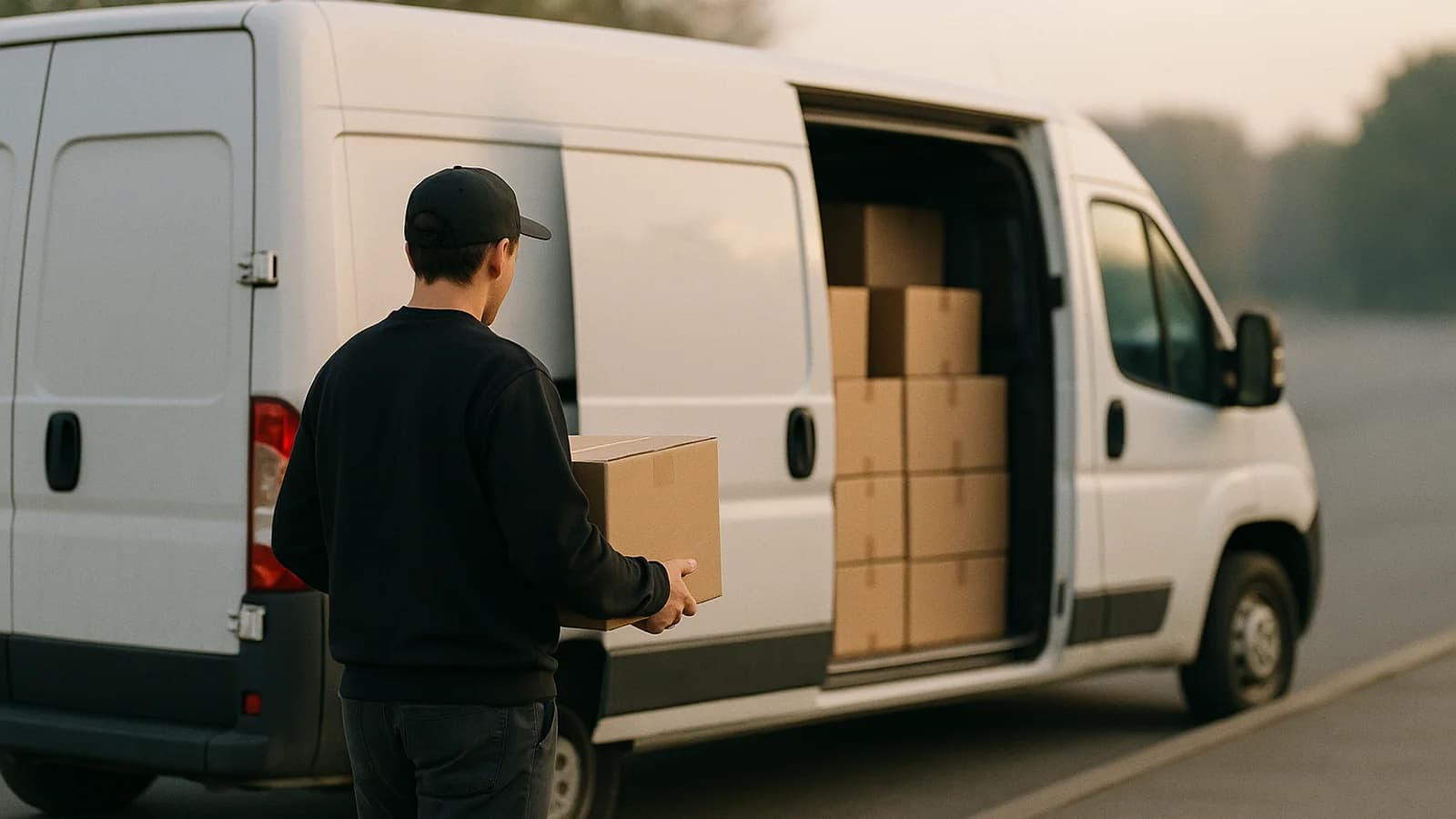 A loaded delivery van with its side door open in a warehouse yard at dawn, cases stacked on a pallet beside it and a hand holding a phone.