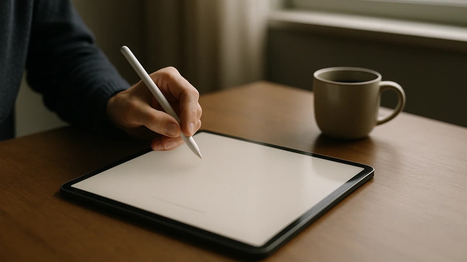 A hand signing on a phone screen with a fingertip, resting on a desk beside a printed agreement and a pen.