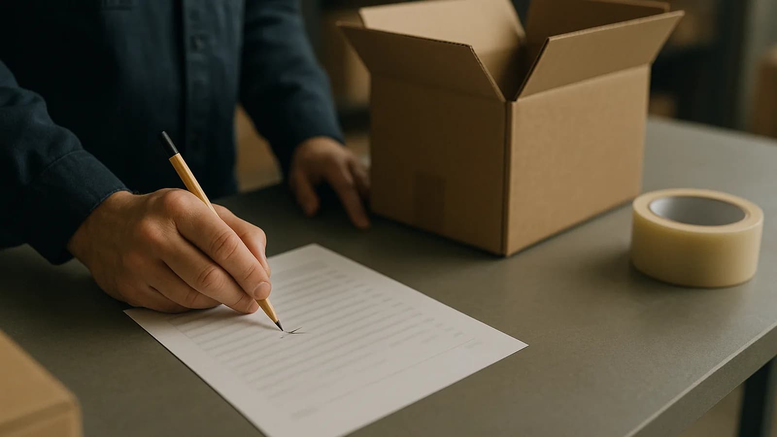 A hand crossing out one line on a printed order sheet with a pencil on a warehouse packing bench, a half-packed carton and a roll of tape beside it, the writing too blurred to read.