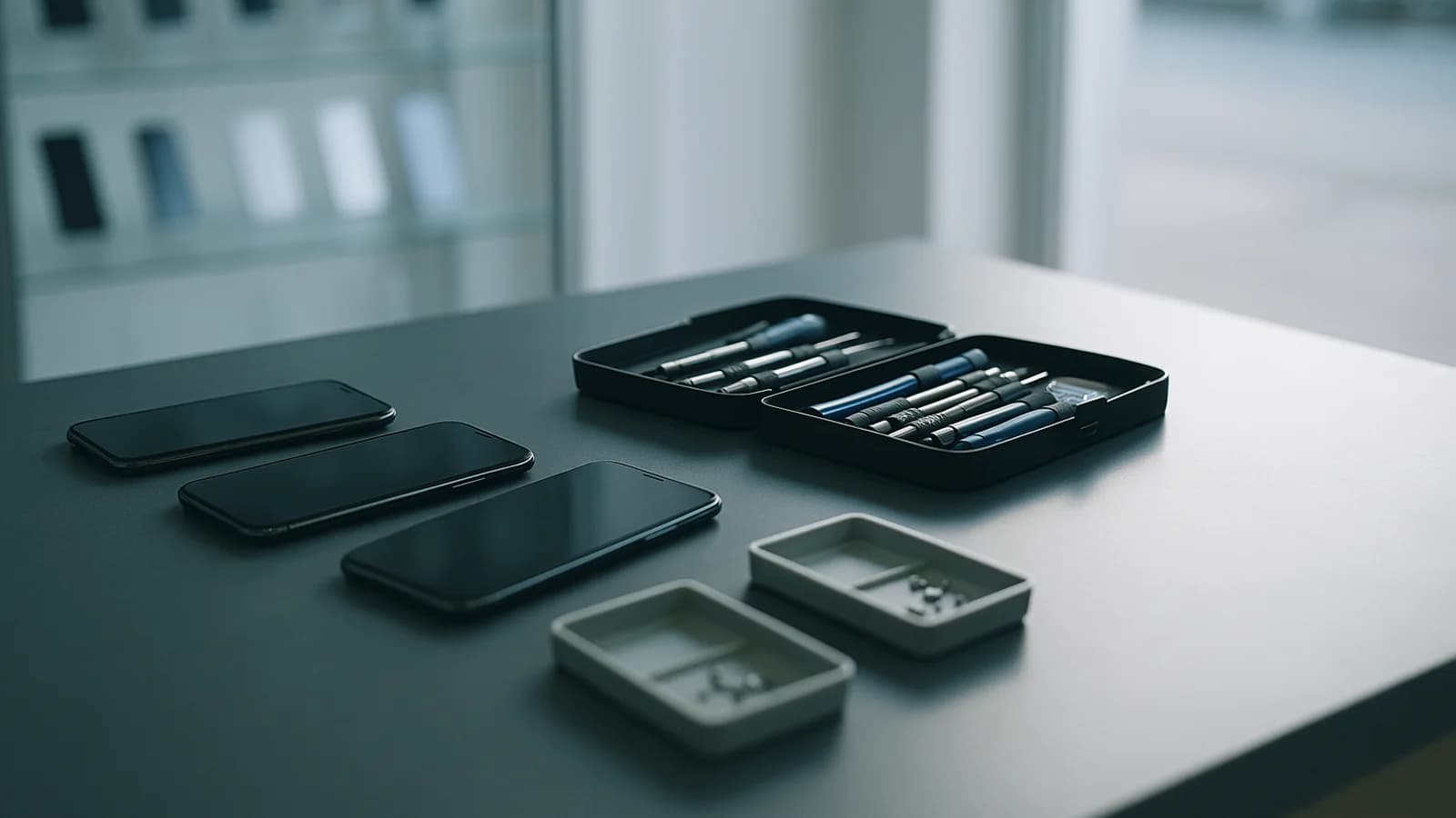 A glass display cabinet of mobile phones and tablets in a small shop, with a shop worker's hands holding a handset beside a barcode scanner on the counter.