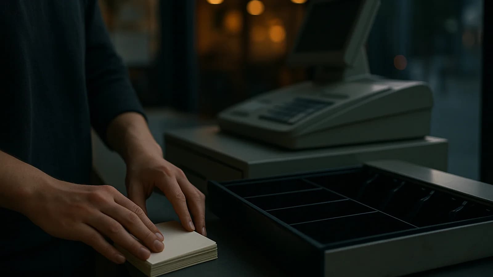 Hands counting banknotes beside an open till drawer of coins on a shop counter after closing.