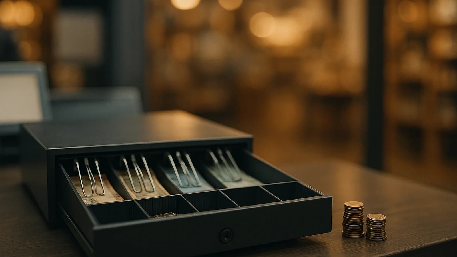 A cash drawer open on a shop counter at closing time, with a short stack of counted notes and a printed till slip beside it.