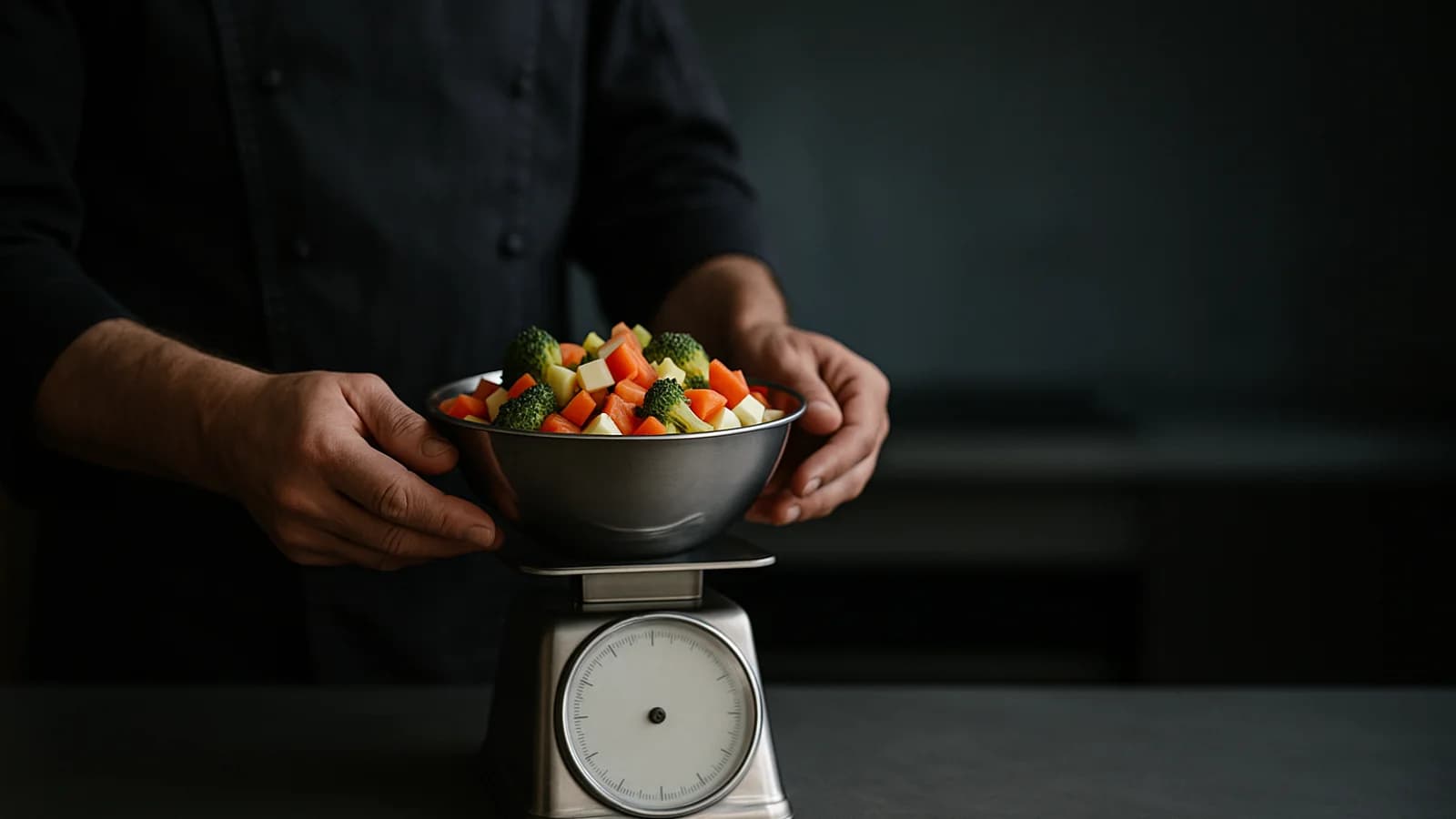 A kitchen scale on a steel prep counter weighing diced vegetables, with a chef's hands and a notebook beside it.