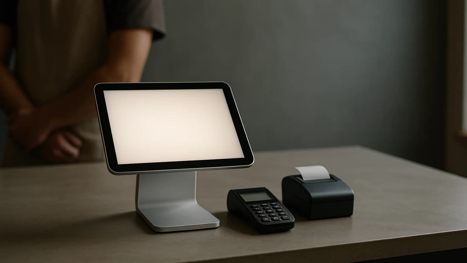 A shop counter with a tablet till on a stand, a barcode scanner and a small receipt printer, in soft daylight.