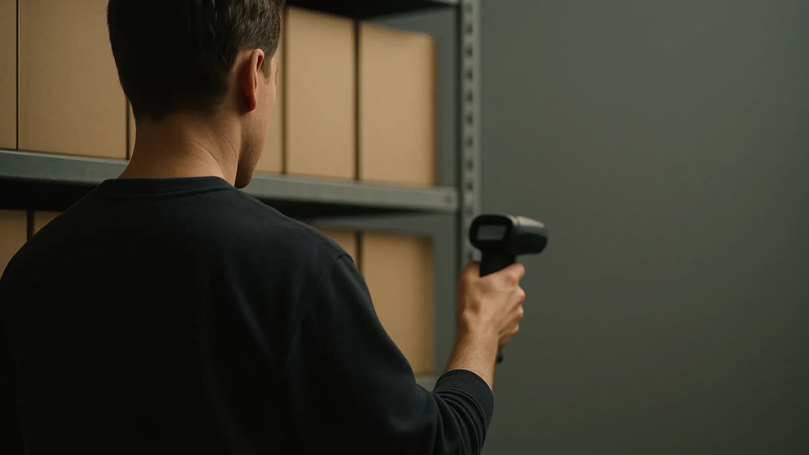 Hands holding a clipboard and pen in front of a shelf of boxed stock in a quiet stockroom.