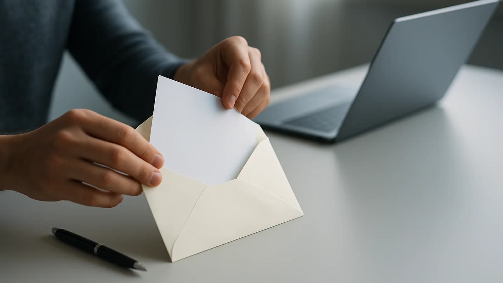 A printed invoice and an envelope on a wooden desk next to a phone and a pen.