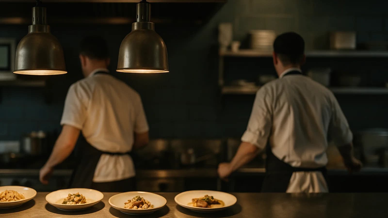 A restaurant kitchen pass with plated dishes under warm lights and a chef's hands placing a garnish, the dining room soft in the background.