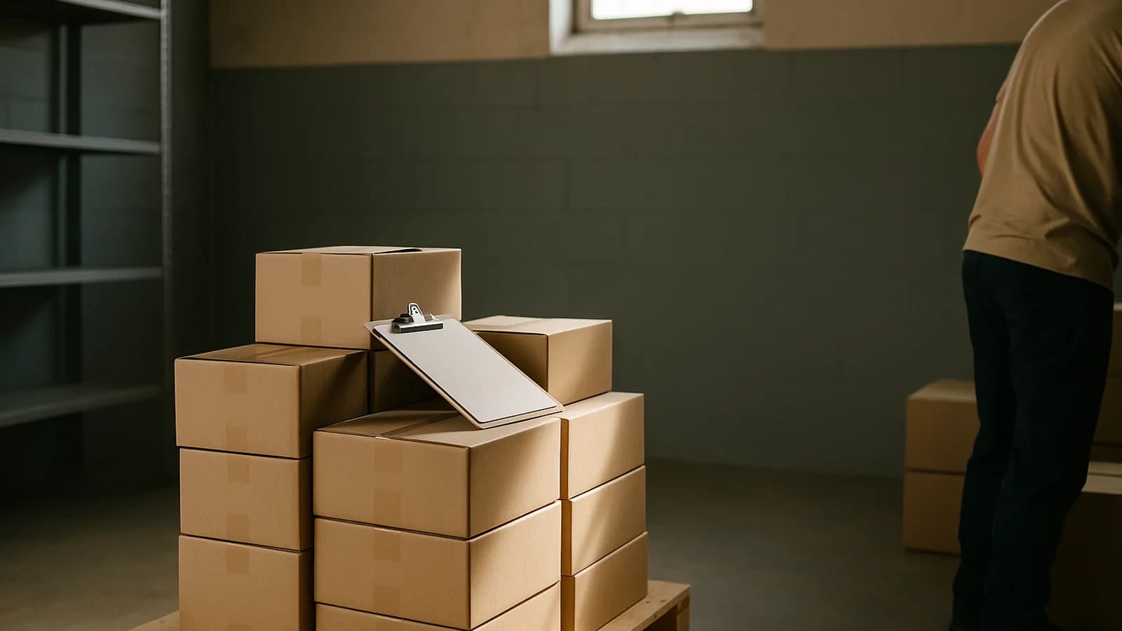 Stacked cardboard cases on wooden pallets in a small, tidy storage unit lit by daylight from a roller door.
