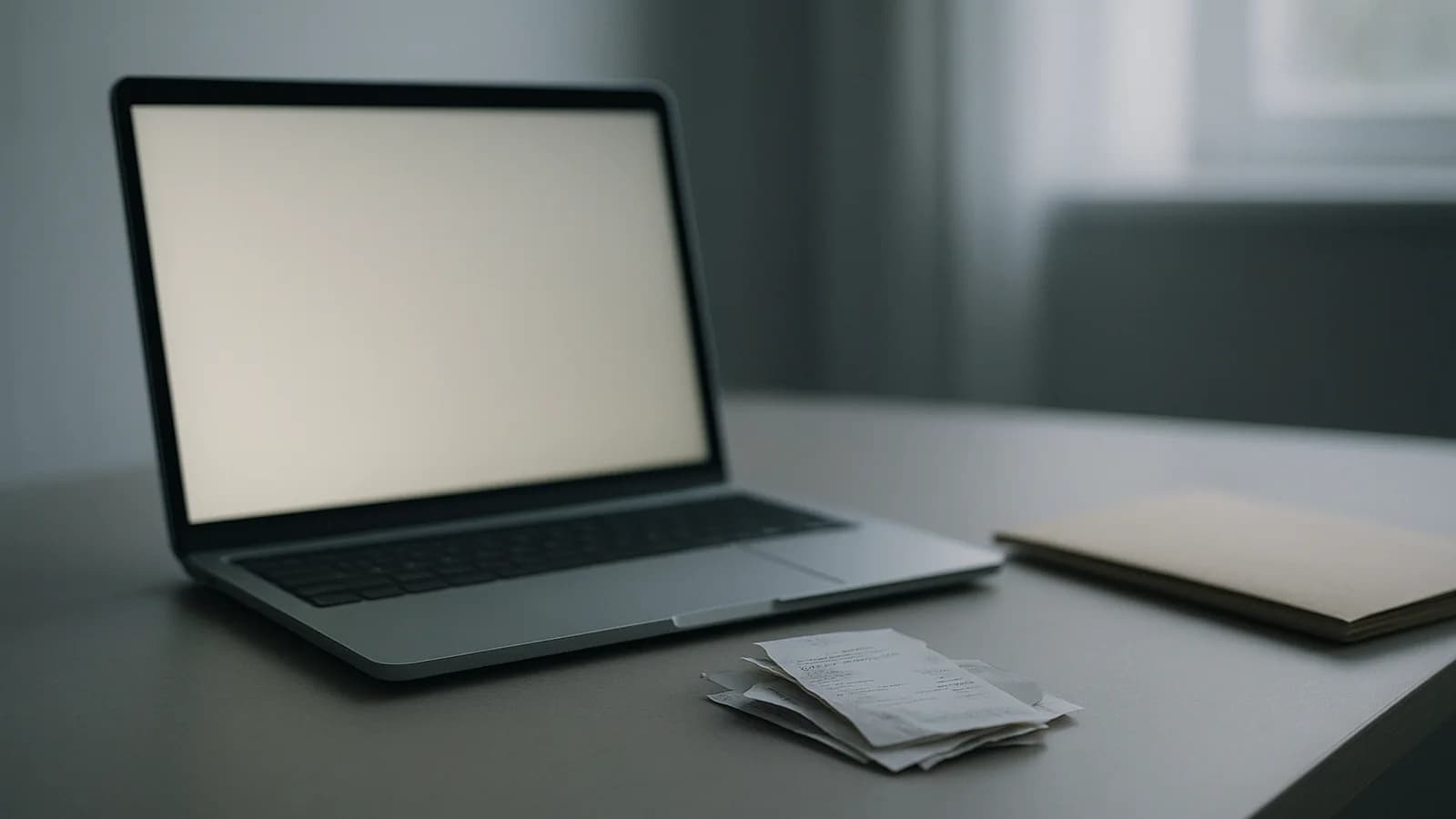 A laptop on a stockroom desk beside a box file of receipts and a printed sales summary.