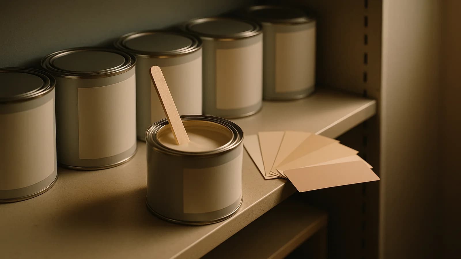 A paint shop counter with a row of tint canisters on a dispensing machine, an open tin of blue paint, a stirring stick and a pair of hands fixing a printed label to the lid.