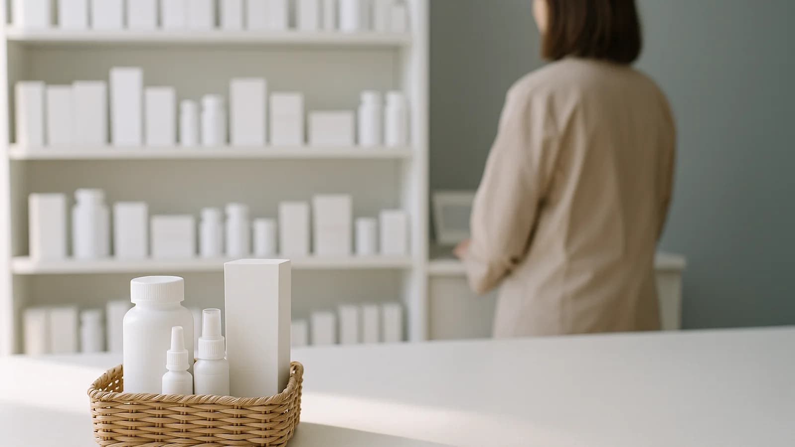Hands placing small boxes on a neat pharmacy shelf beside a counter with a card reader and a barcode scanner, soft daylight from a window.