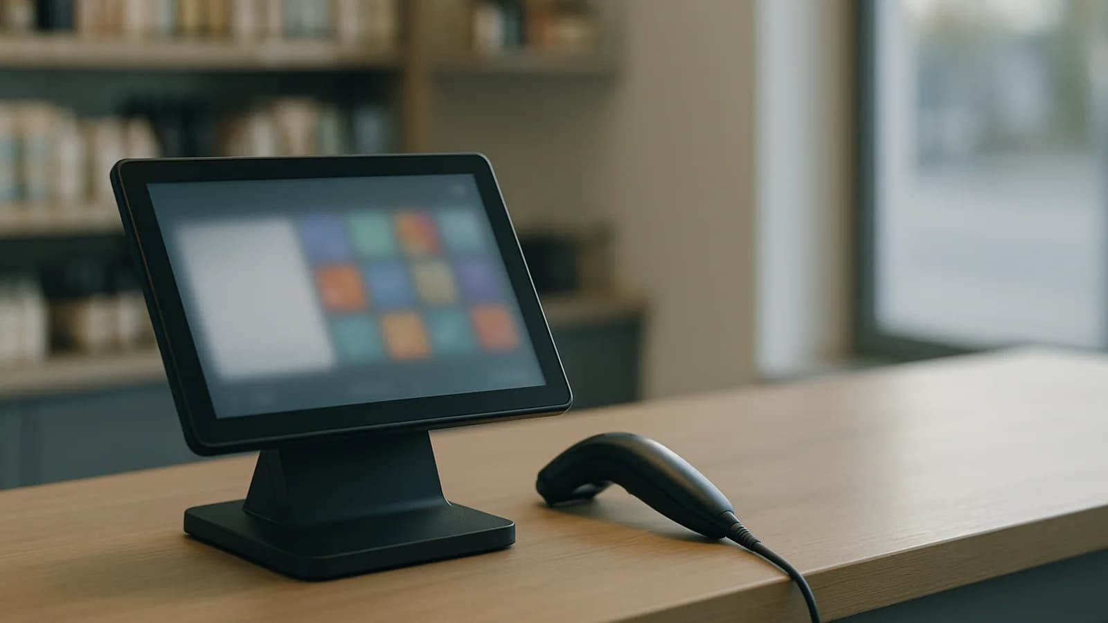 A tablet till on a shop counter with a barcode scanner beside it and a hand placing a boxed item next to the screen.