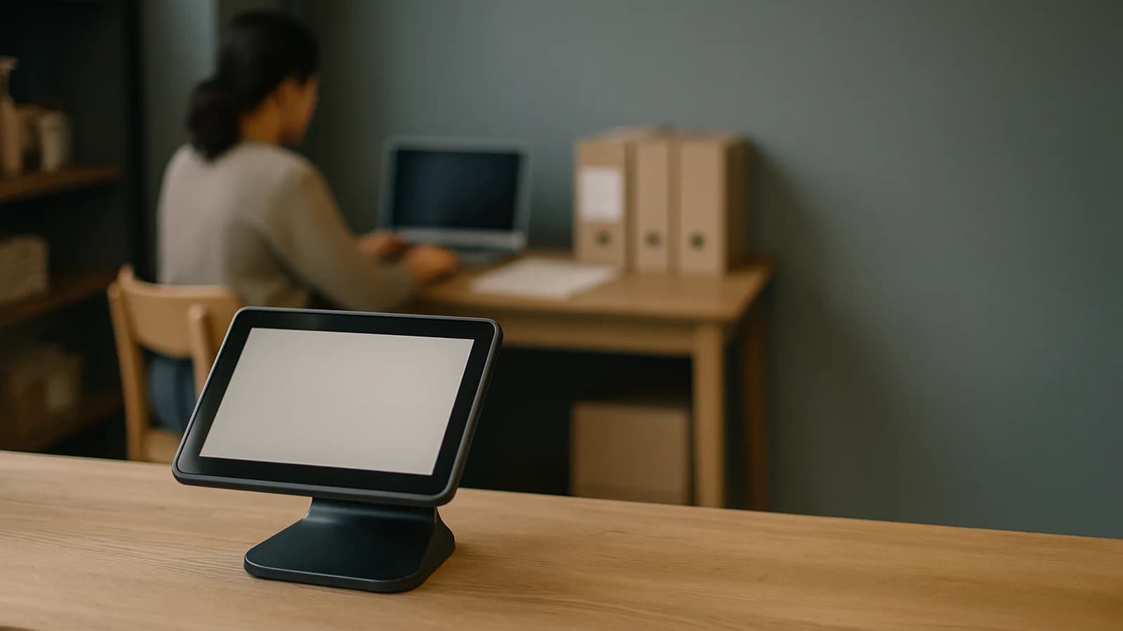 A shop counter with a tablet till in the foreground and, behind it, a small back office desk with a laptop and stacked delivery boxes.