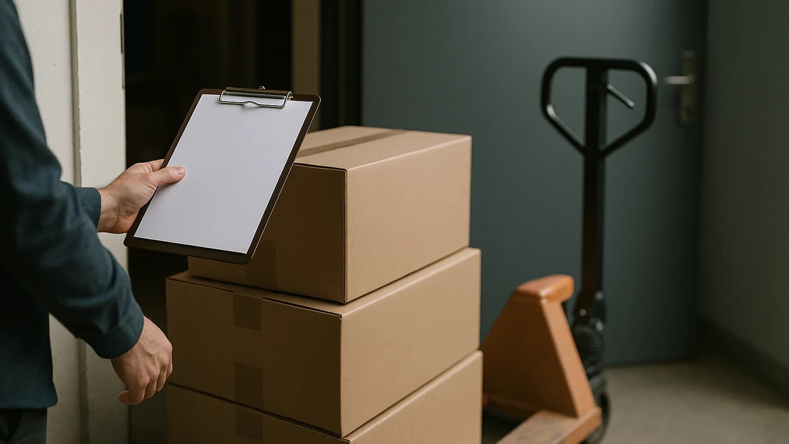 A clipboard with a printed order list resting on stacked supplier cartons at a loading door, a hand ticking off a line with a pen.