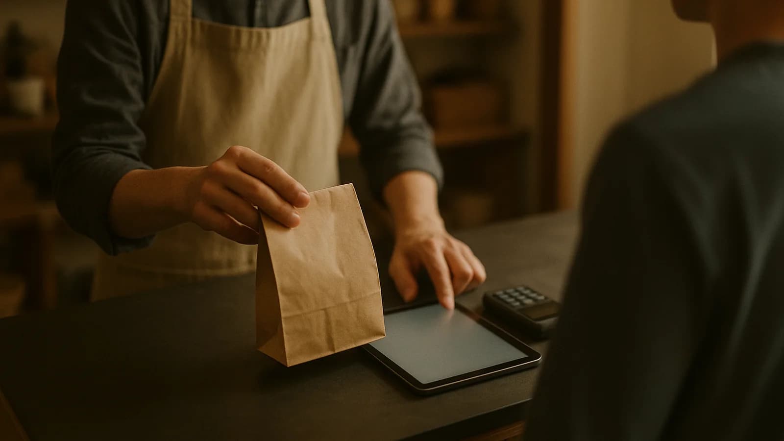 A shopkeeper's hand passing a paper bag across a small counter while the other hand taps a tablet lying flat beside a card reader, the tablet screen softly blurred.