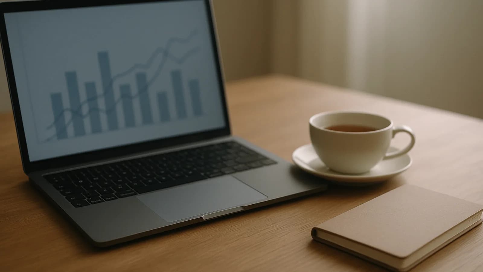 A laptop on an office desk showing bar charts, beside a printed sales summary with a few lines highlighted and a mug of tea.