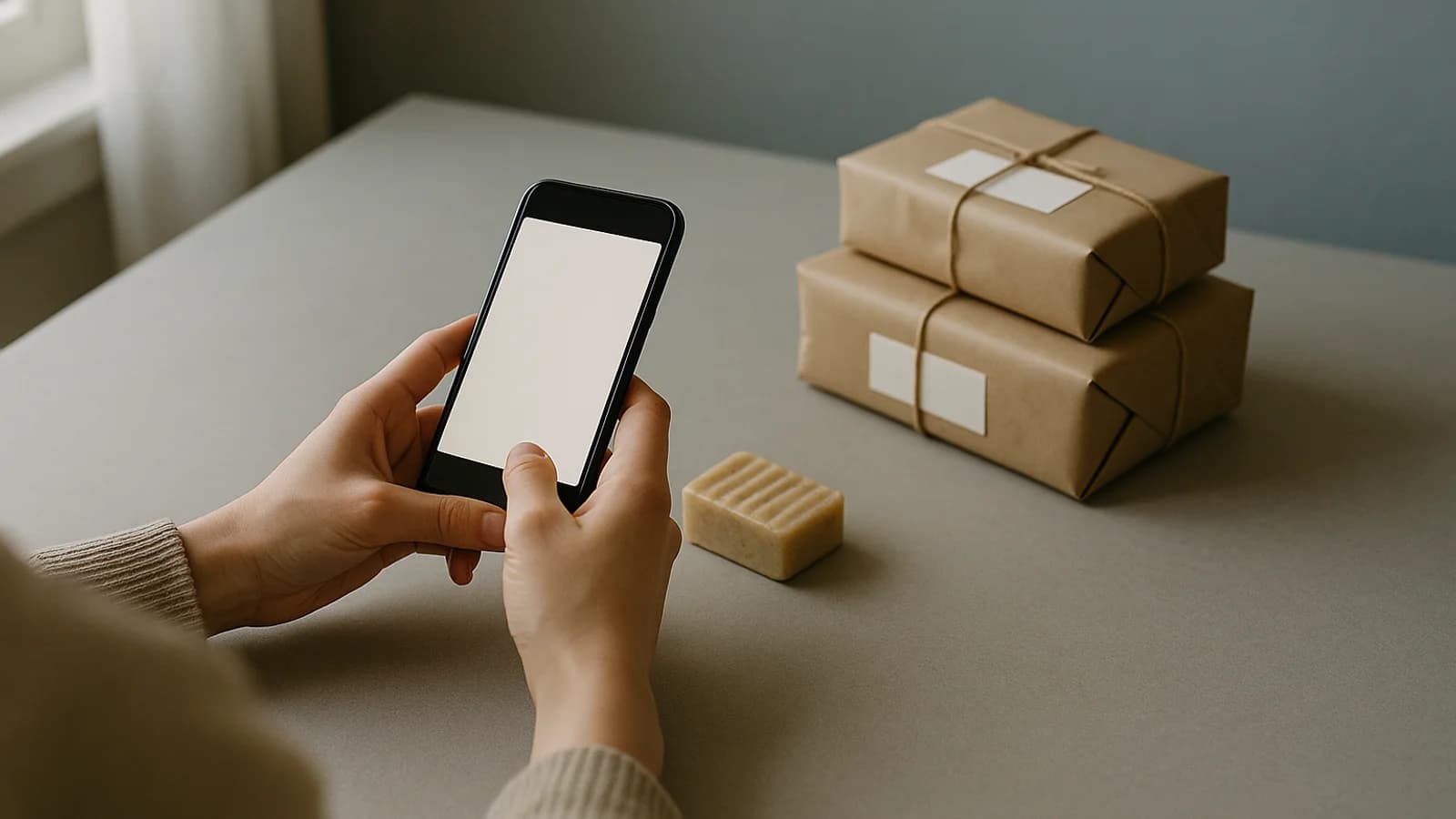 A seller's hands packing a small perfume bottle into a padded envelope on a kitchen table, with a phone, tape and a short stack of parcels beside it.