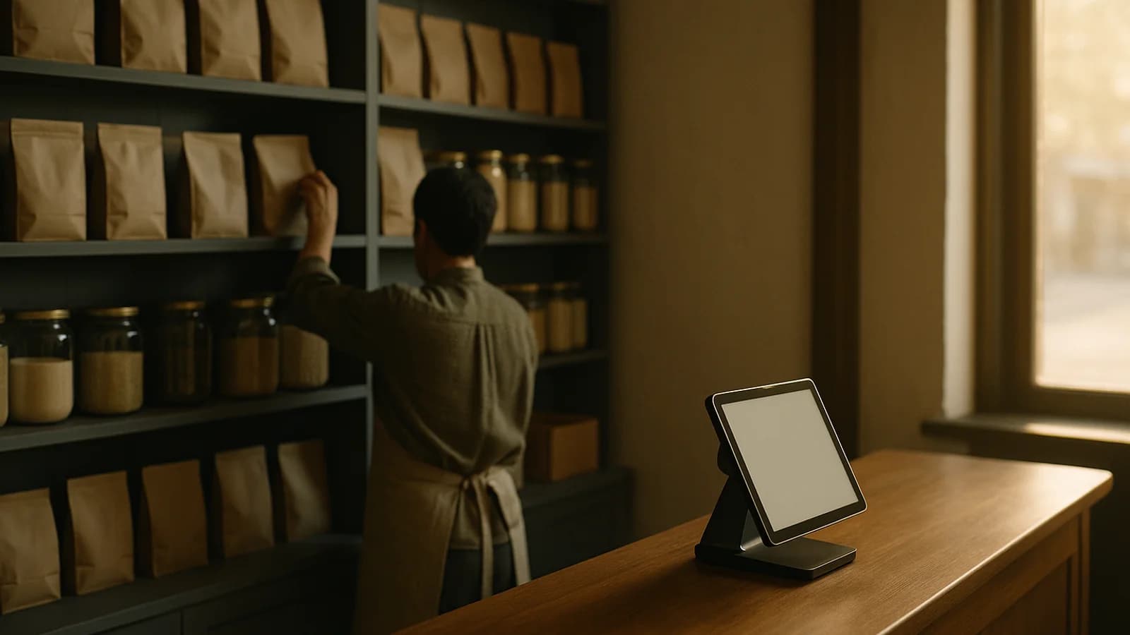 A shop counter with a tablet till, a handheld barcode scanner and a small stack of folded cushions in different colours, shelves of candles and mugs behind.