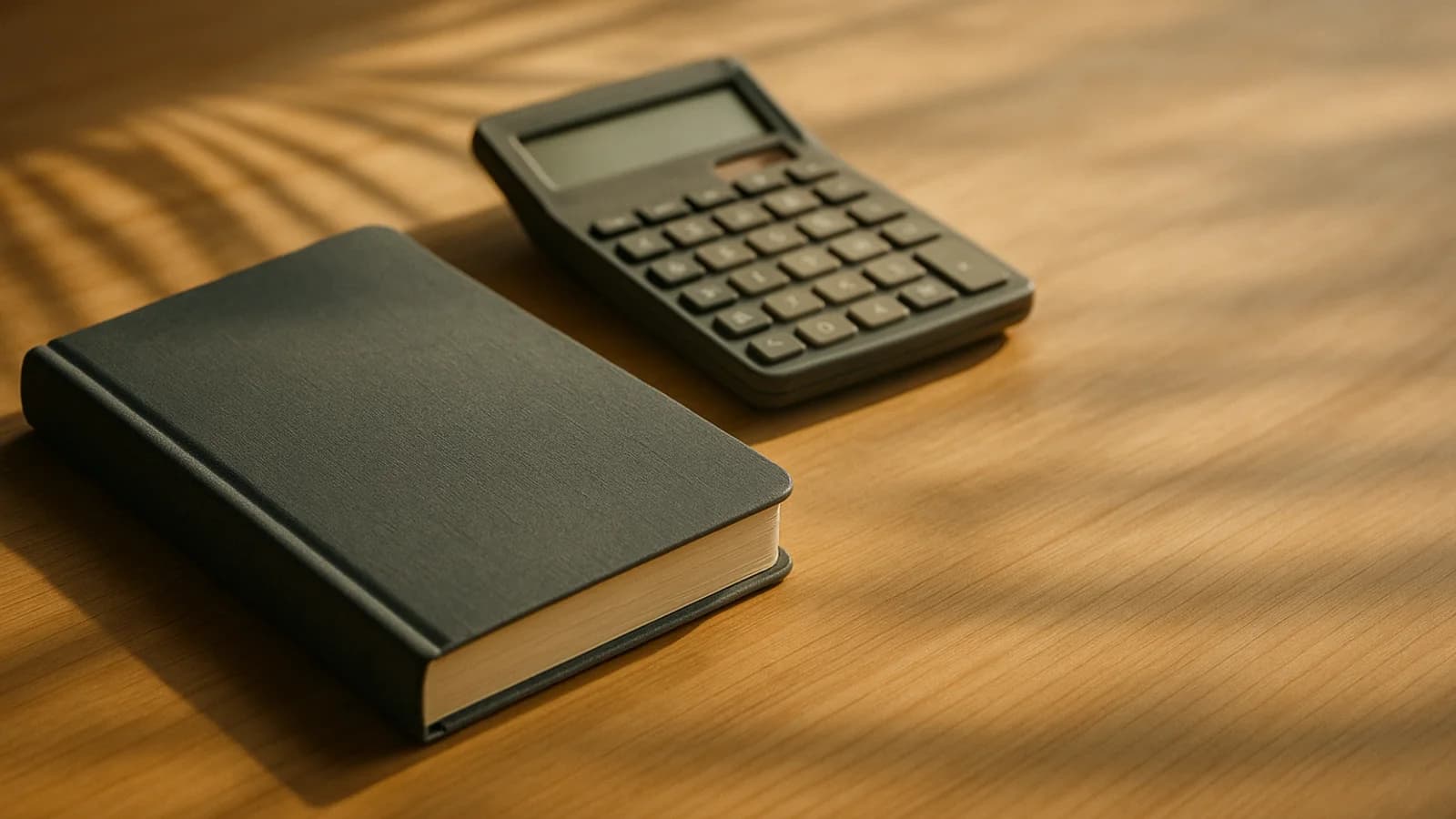 An open ledger and a calculator on a shop counter beside a neat stack of receipts.