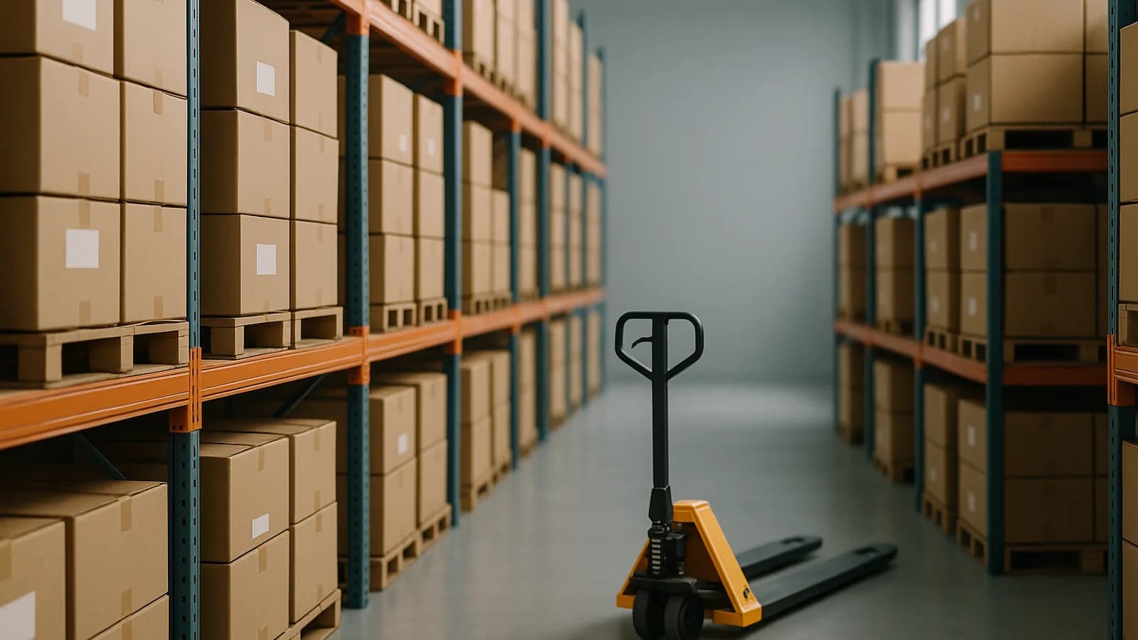 Warehouse racking with labelled cartons on pallets, a hand scanning a box with a handheld barcode scanner in soft daylight.