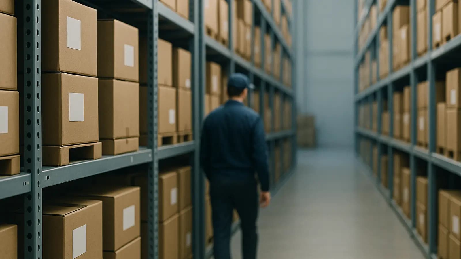 Long rows of metal racking holding labelled cartons in a quiet warehouse aisle, with a hand-held scanner resting on a shelf.