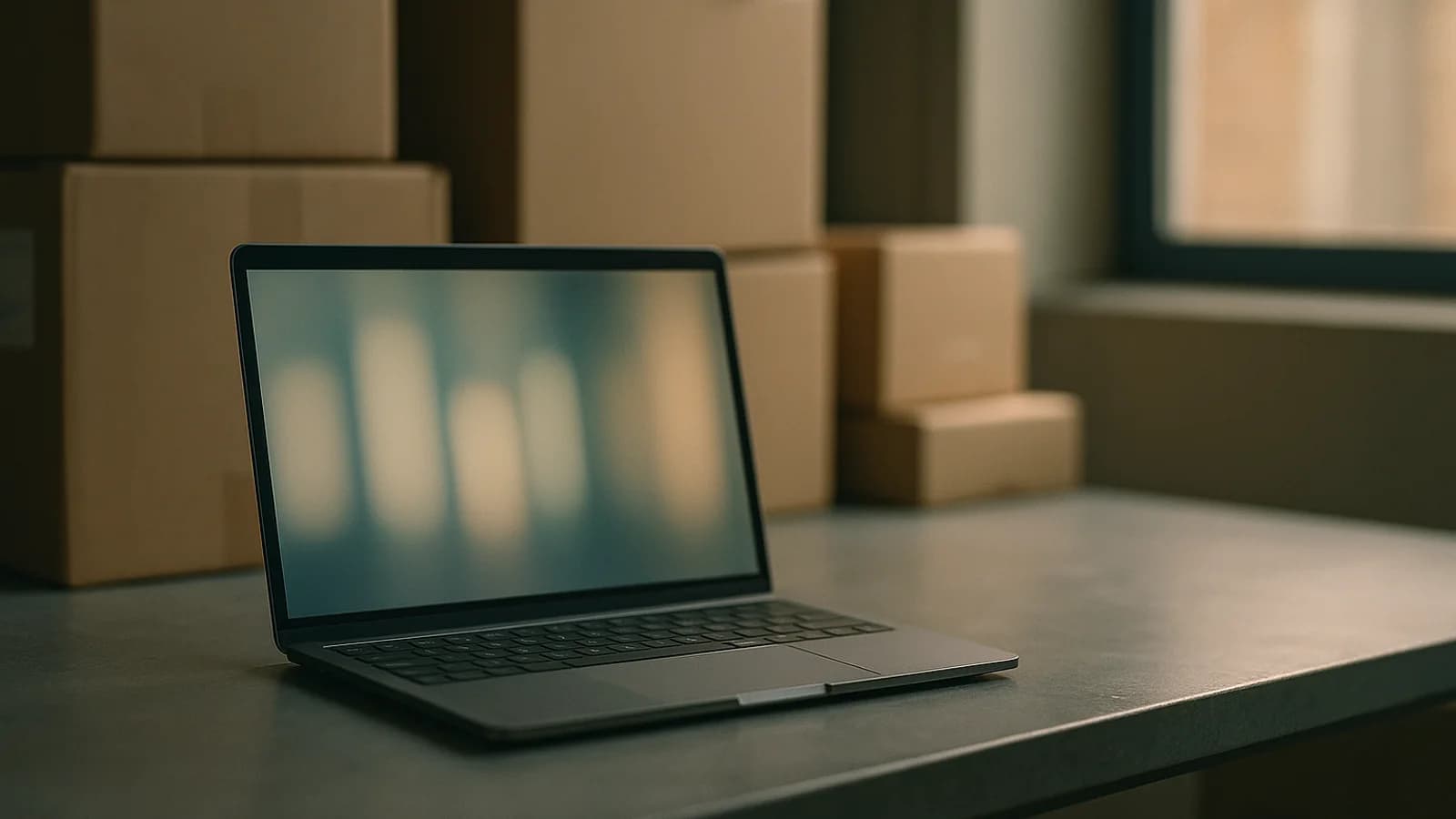 Warehouse shelving stacked with boxed stock, with a printed report and a calculator on a clipboard in the foreground.