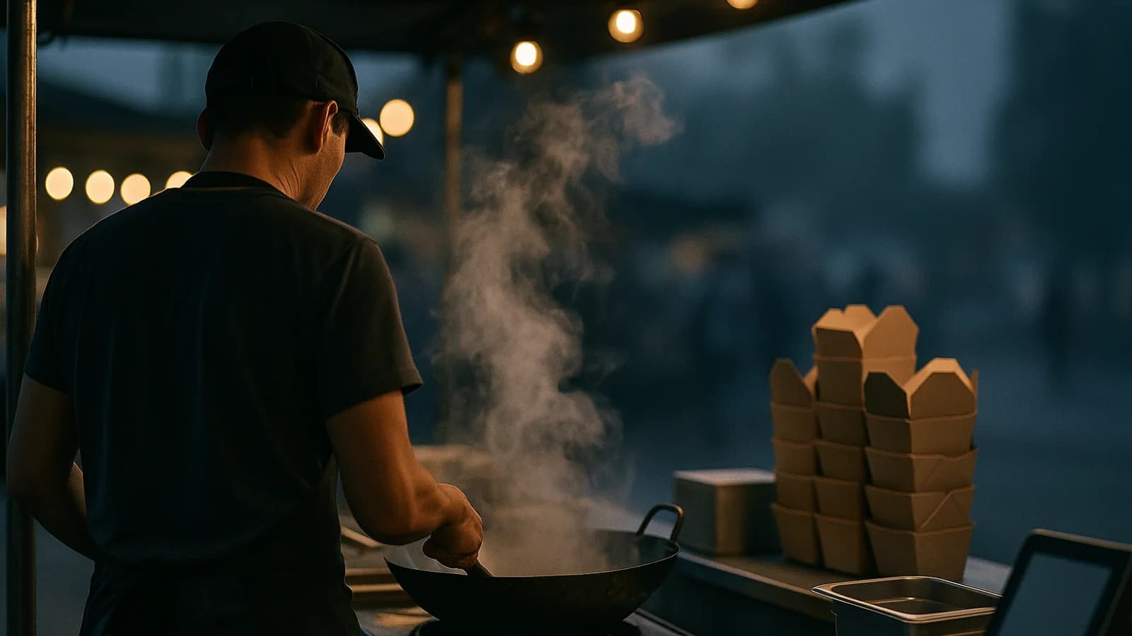 A street food stall at dusk: a cook's hands working over a hot flat griddle, takeaway boxes stacked on the counter and a small screen showing order numbers above.