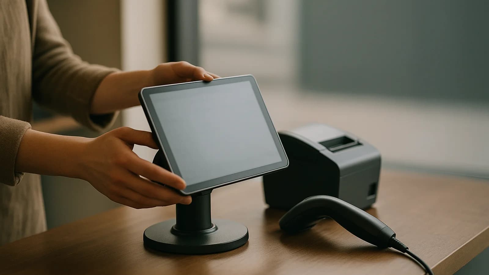 Two hands adjusting the angle of a tablet on a swivel stand at a shop counter, a receipt printer and a barcode scanner beside it, the screen softly out of focus.
