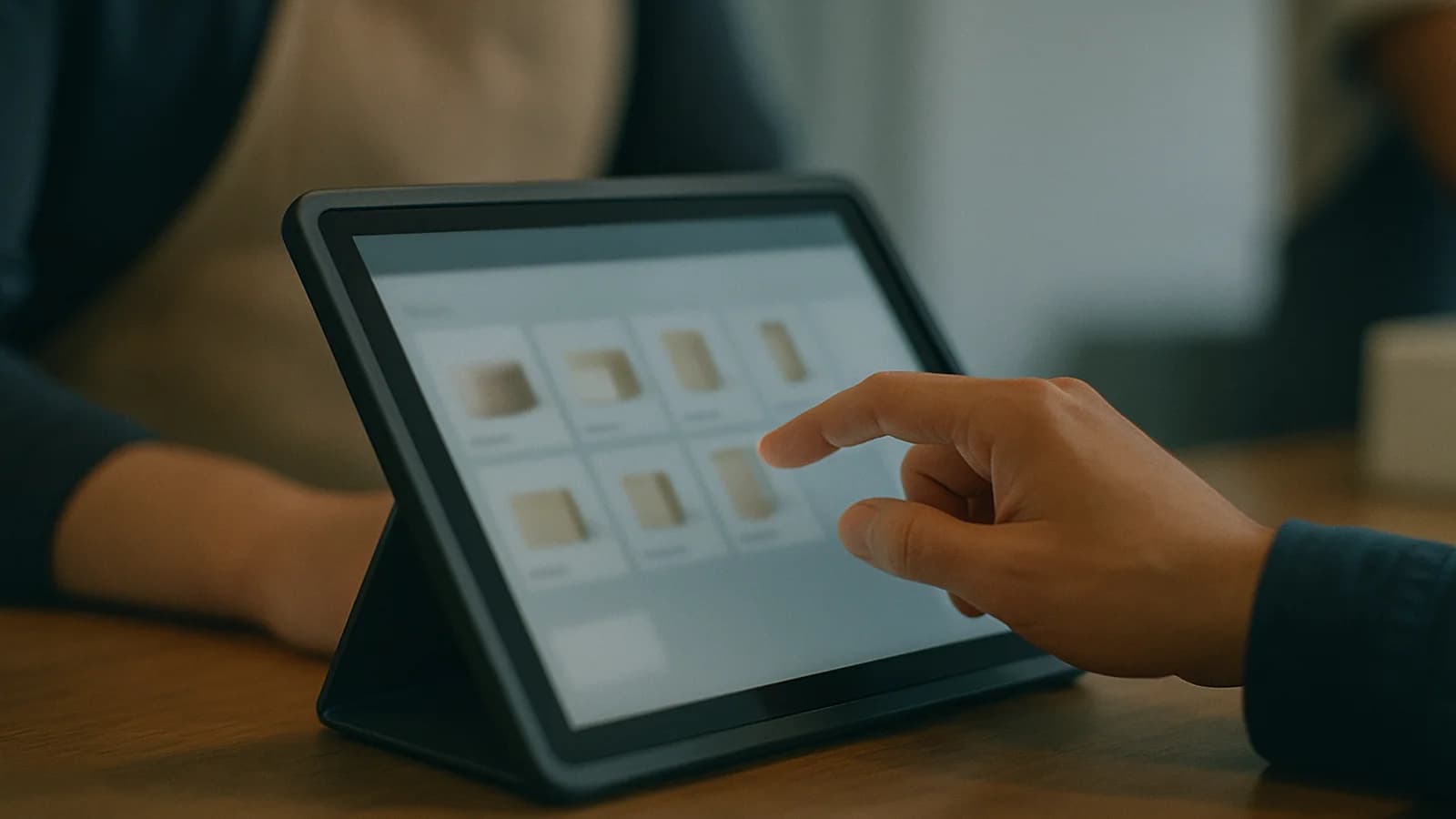 A tablet till on a shop counter showing a large product photo, with a customer's hand pointing at it and a barcode scanner beside the screen.
