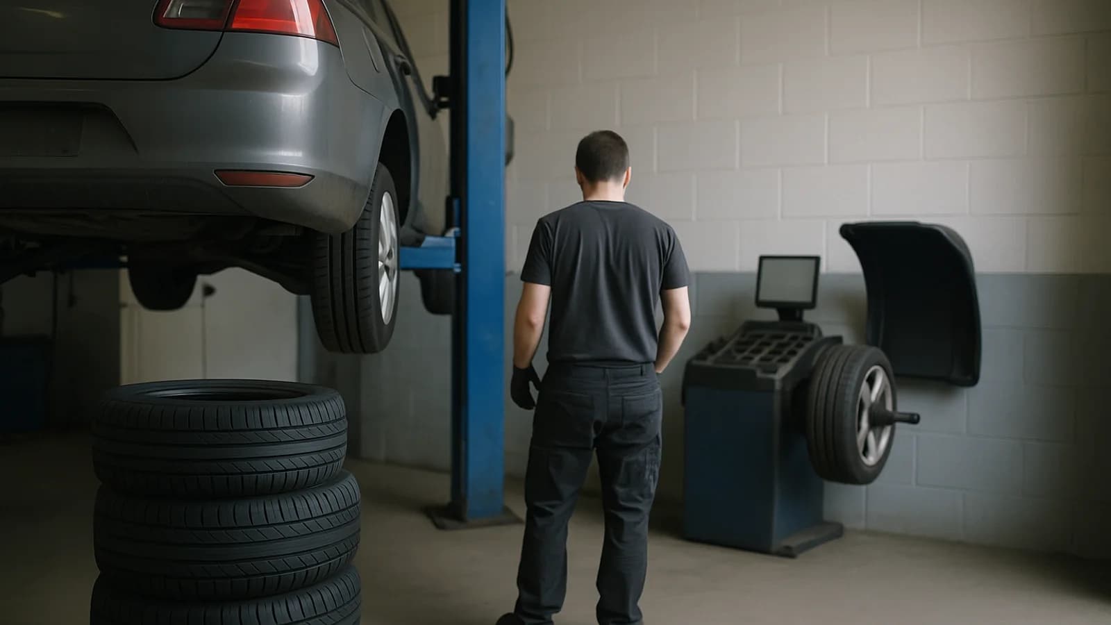 Inside a two-bay tyre workshop: a car raised on a lift, a fitter's gloved hands holding a tread depth gauge against a tyre, and a rack of new tyres stacked by size behind.