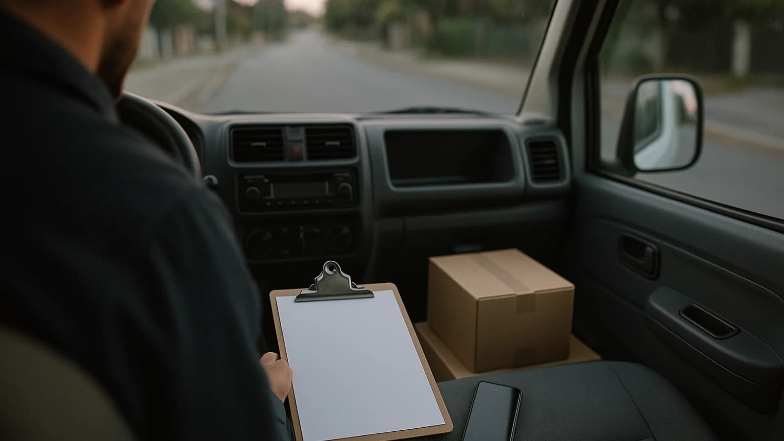 The open side door of a delivery van showing shelves of boxed goods, with a hand lifting a case out in early-morning light.