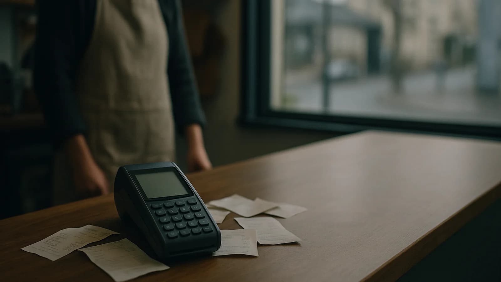 A shop counter with a till receipt, a calculator and a stack of paper invoices in soft daylight.