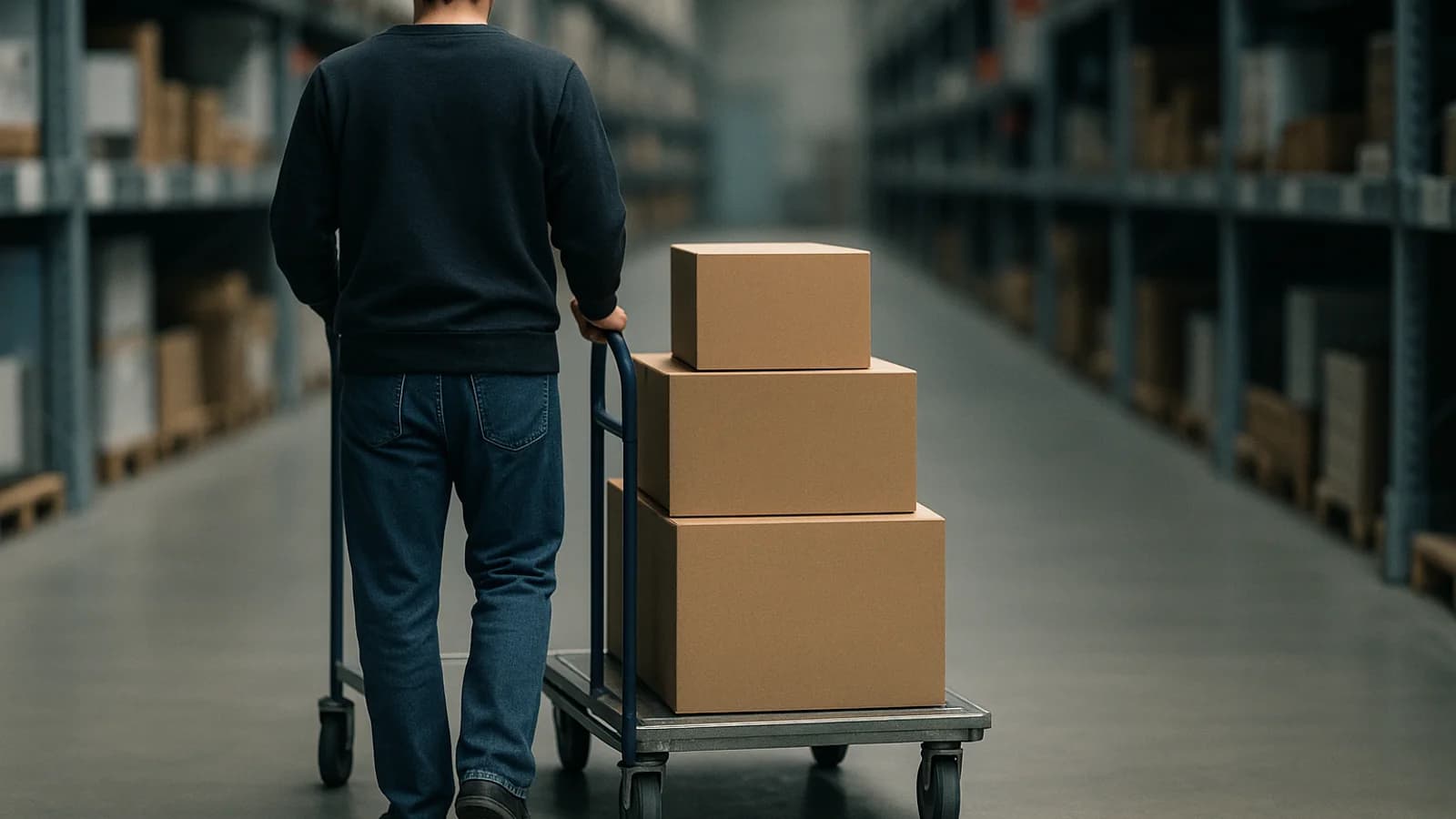 A warehouse aisle with shrink-wrapped pallets of boxed goods, a hand truck in the foreground and a worker's hands holding a phone beside a stacked trolley.