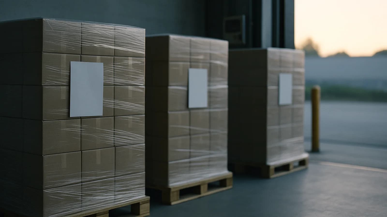 Rows of shrink-wrapped cases on pallets in a wholesale warehouse aisle, with an order sheet clipped to the nearest pallet.